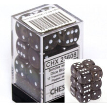 Chessex Dice D6 Set: Smoke With White Transucent - 16mm Sixids Die (12) Block of Dice