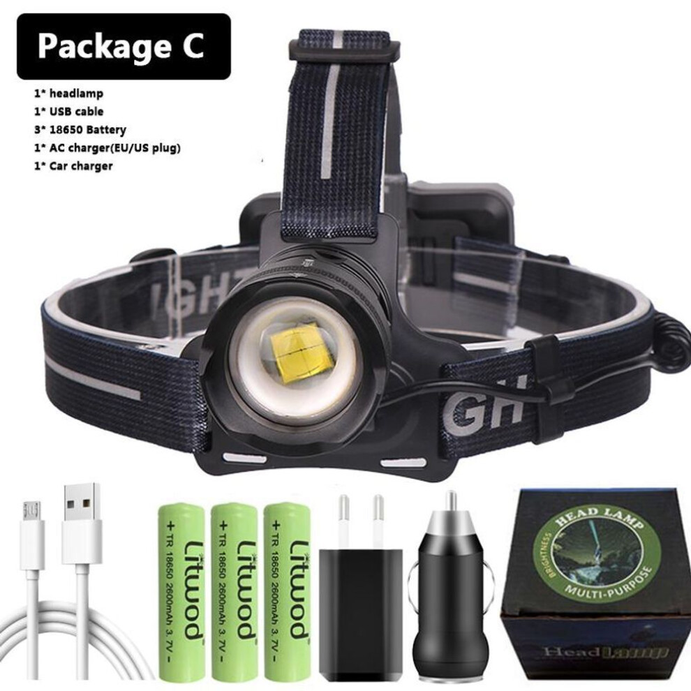 (Package C) Xhp160 1000,000lm Led Headlamp Torch Powerbank 7800mah 18650 Battery Headlight Light Zoomable Waterproof Head Flashlight Lamp