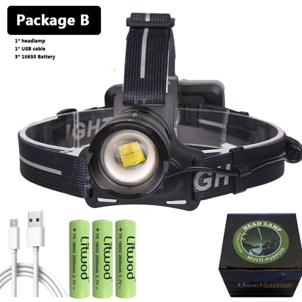 (Package B) Xhp160 1000,000lm Led Headlamp Torch Powerbank 7800mah 18650 Battery Headlight Light Zoomable Waterproof Head Flashlight Lamp