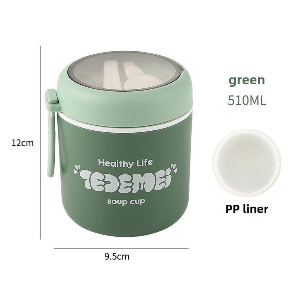 (green, 510ml) Portable Mini Antibacterial Soup And Porridge Pot Lunch Box For Office Workers, Microwave Safe Breakfast Cup