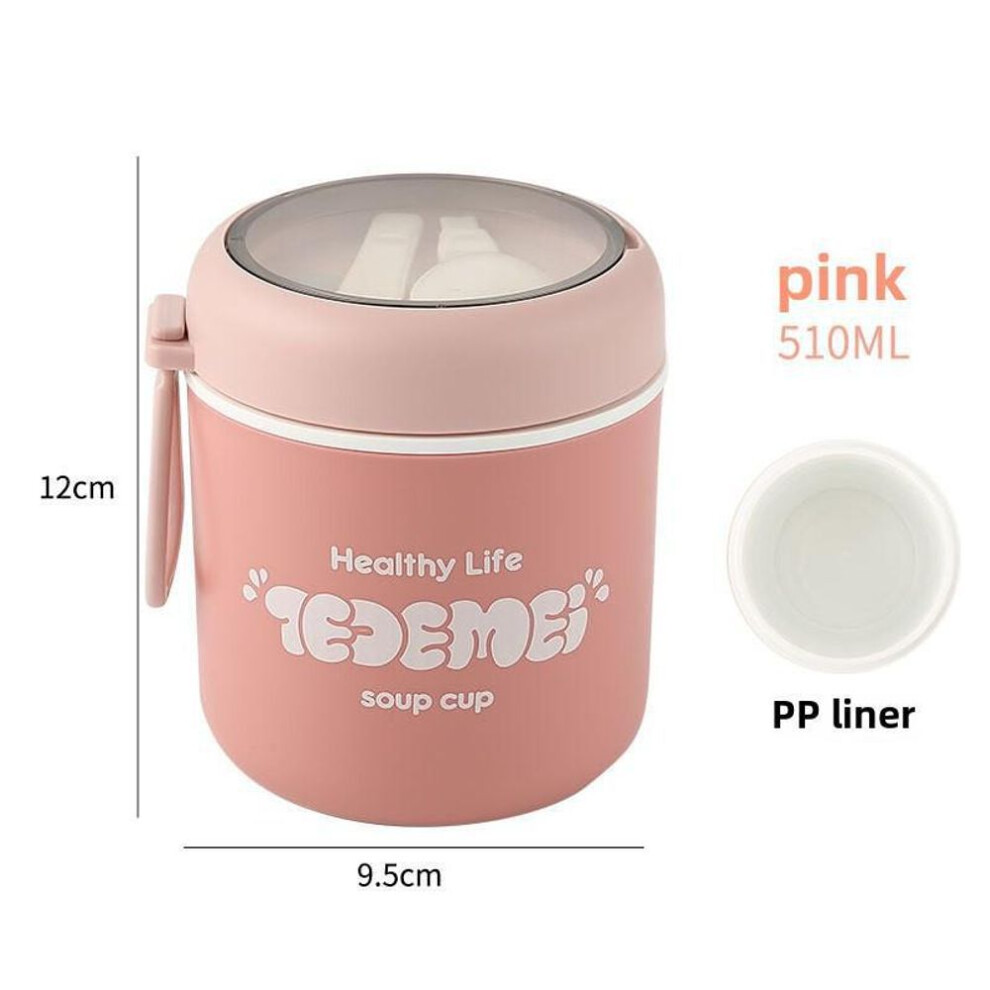 (pink, 510ml) Portable Mini Antibacterial Soup And Porridge Pot Lunch Box For Office Workers, Microwave Safe Breakfast Cup