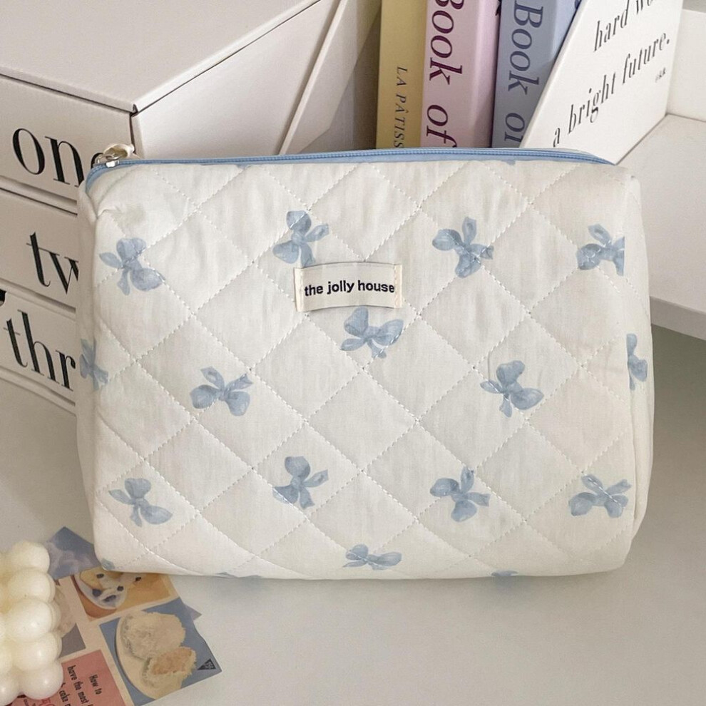 (blue, clutch) "Blue and pink satin bow cosmetic bag - portable and large capacity for students, small fresh design"