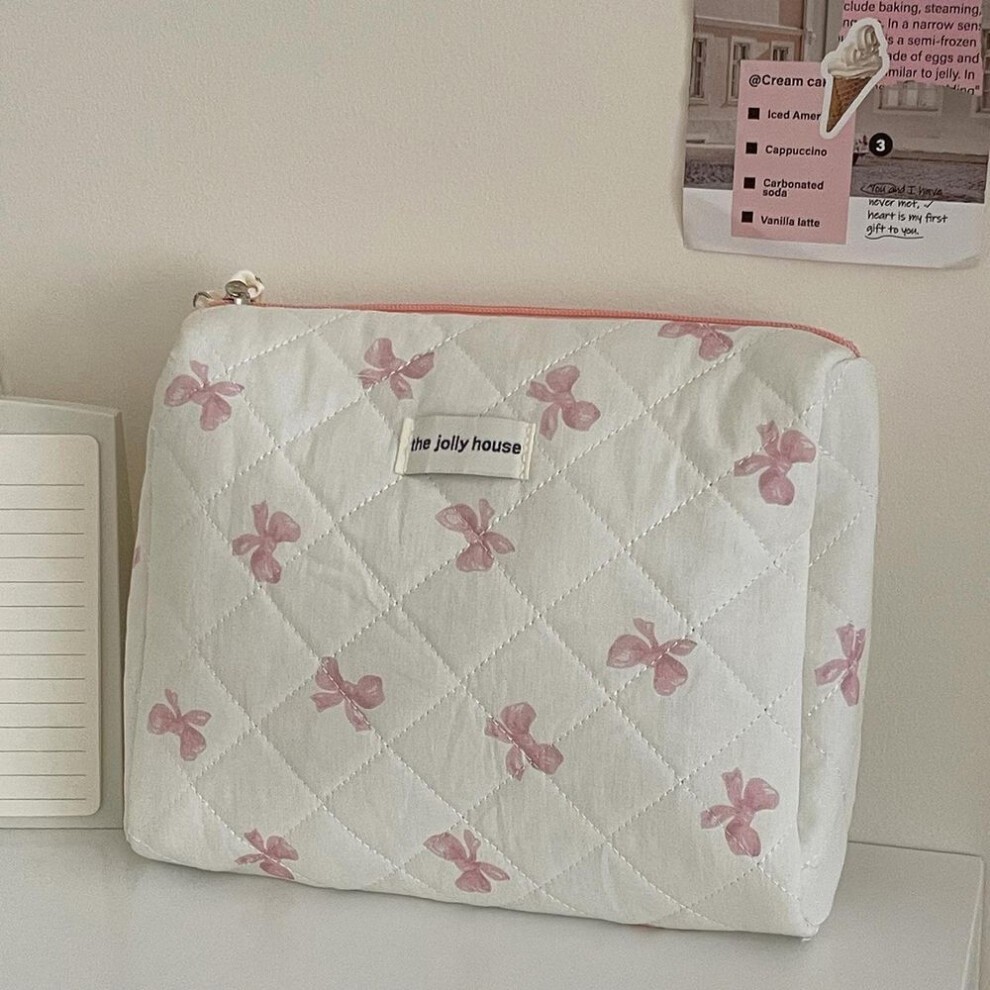 (pink, clutch) "blue And Pink Satin Bow Cosmetic Bag - Portable And Large Capacity For Students, Small Fresh Design"