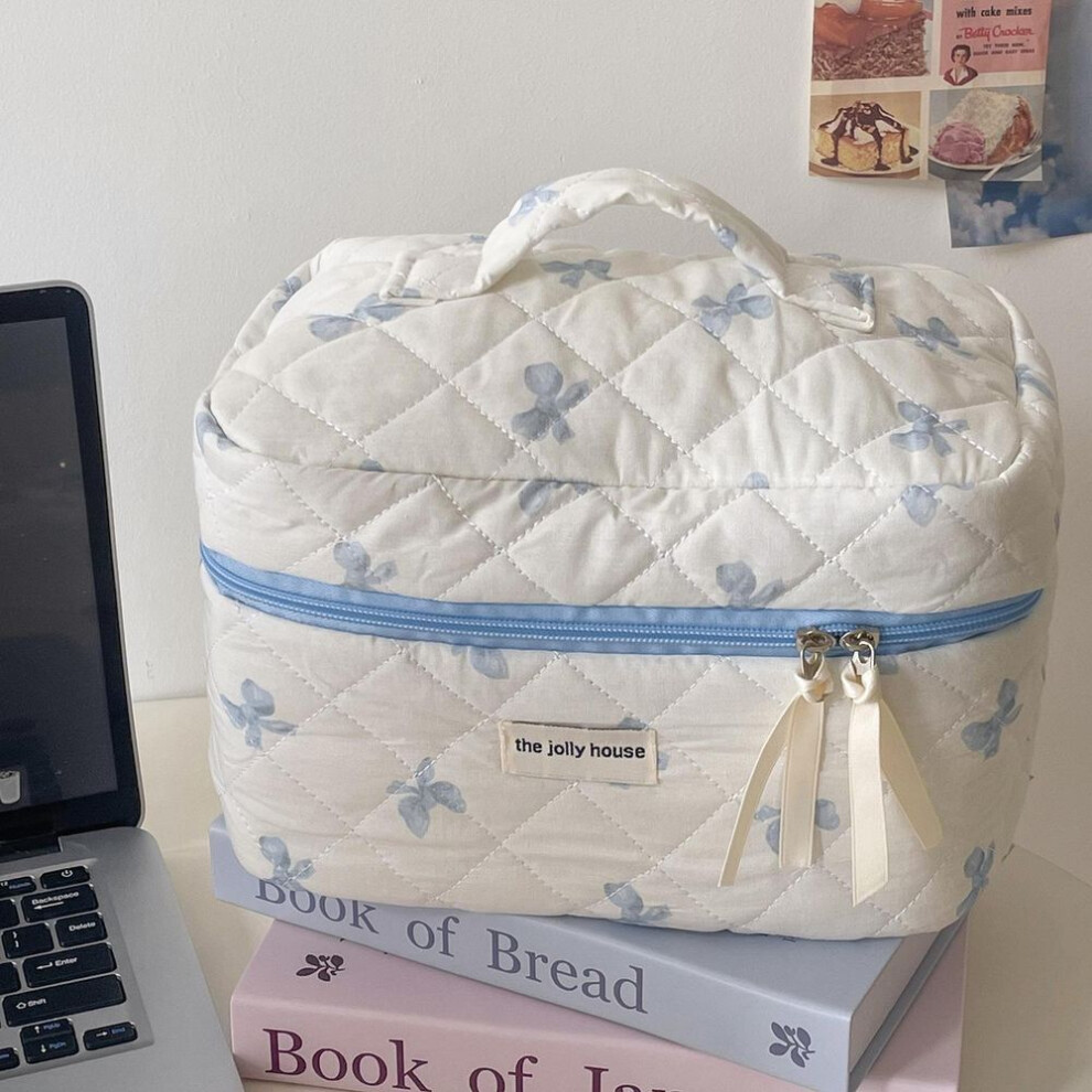 (blue, cosmetic bag) "blue And Pink Satin Bow Cosmetic Bag - Portable And Large Capacity For Students, Small Fresh Design"