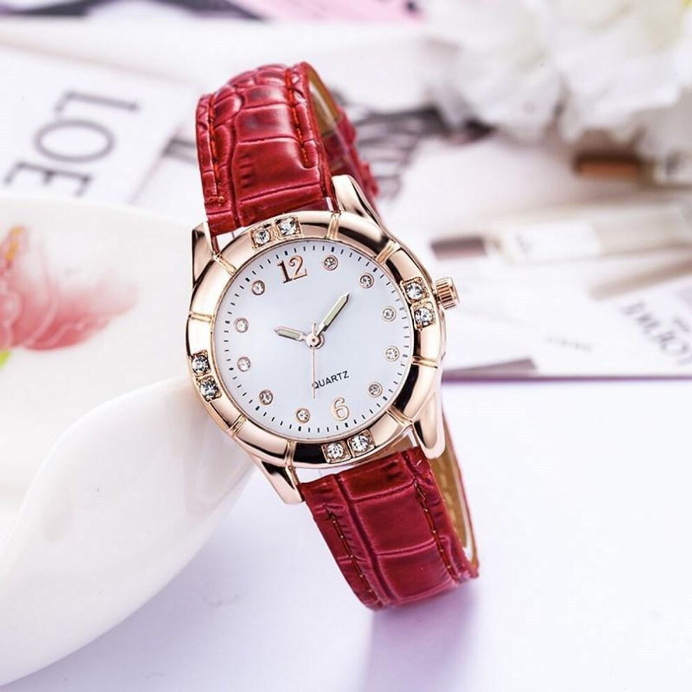 (red) Luxury Womens Analig Quartz Wristwatches Leather Strap Luminous Watch Casual Business Dress Watch