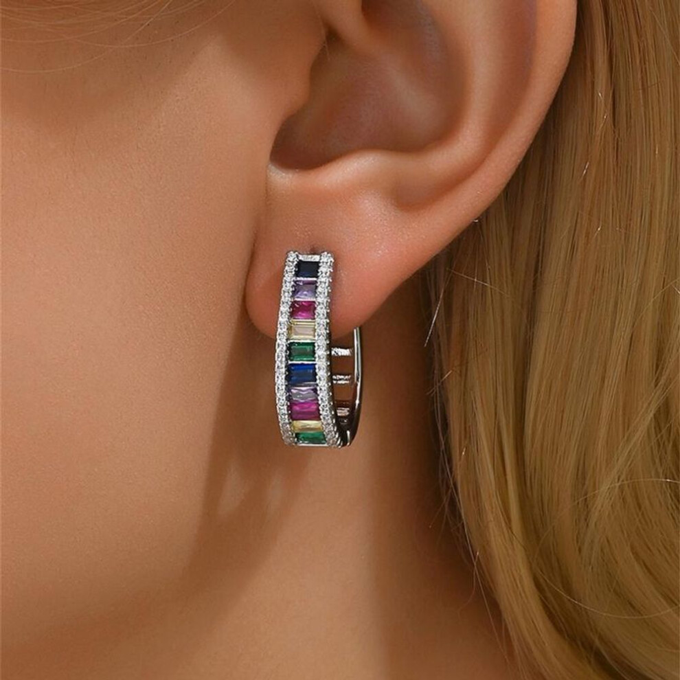 (silver) Vintage Rainbow Cubic Zirconia Geometric Hoop Earrings For Women Fashion Gold Silver Color Wedding Jewelry