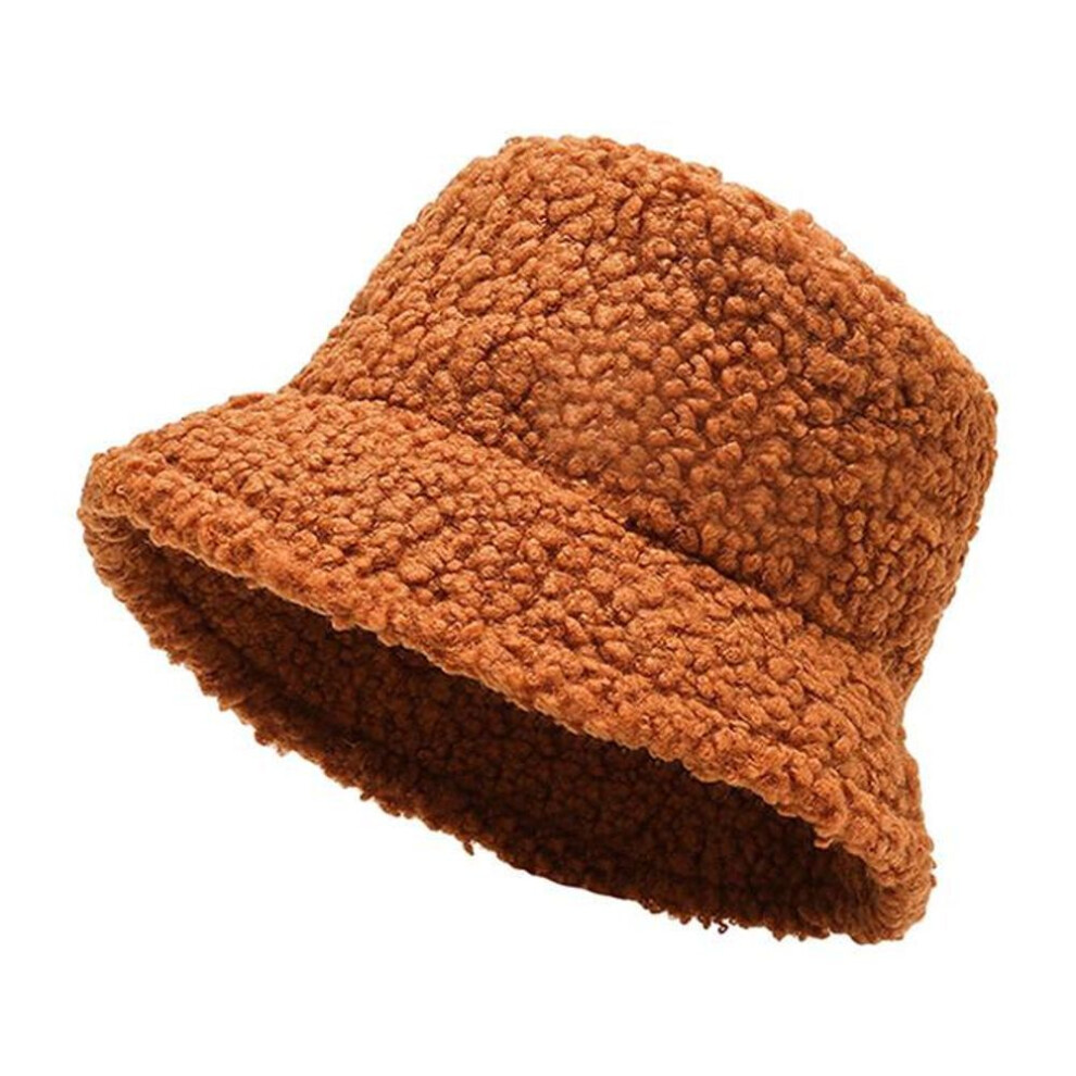 (brown) Men Women Bucket Hat Fishing Solid Color Lambswool Outdoor Warm Hat Autumn Winter