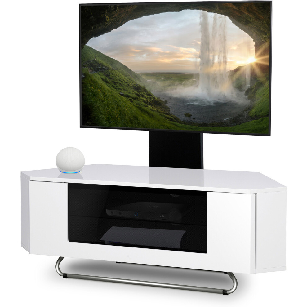 Homeology Hampshire Corner-Friendly Gloss White With Beam-Thru Remote Friendly Door 26"-50" Flat Screen Tv Cabinet With Mounting Arm