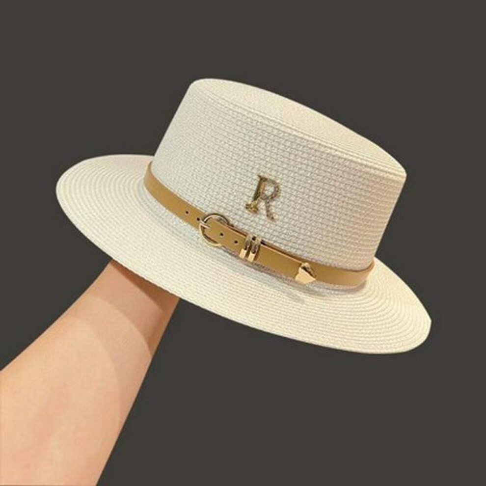(as the picture, M (56-58cm)) Women&apos;s Rhinestone Letter R Belt Personalized Straw Hat for Summer Vacation by the Seaside. British Retro Flat Top Sun Hat.