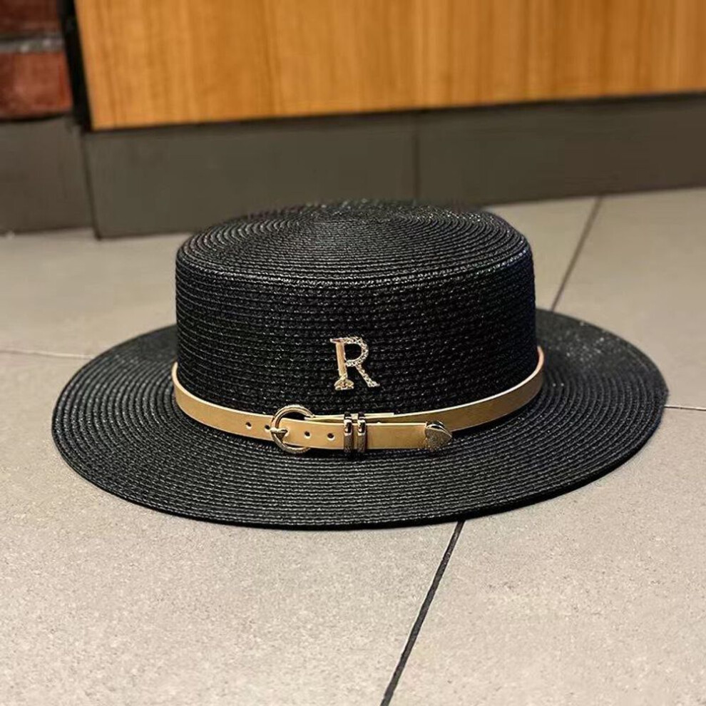 (black, M (56-58cm)) Women&apos;s Rhinestone Letter R Belt Personalized Straw Hat for Summer Vacation by the Seaside. British Retro Flat Top Sun Hat.