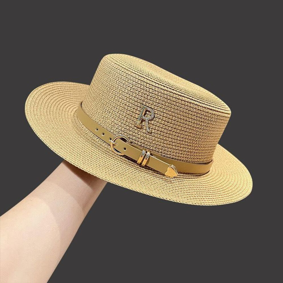 (khaki, M (56-58cm)) Women&apos;s Rhinestone Letter R Belt Personalized Straw Hat For Summer Vacation By The Seaside. British Retro Flat Top Sun Hat.
