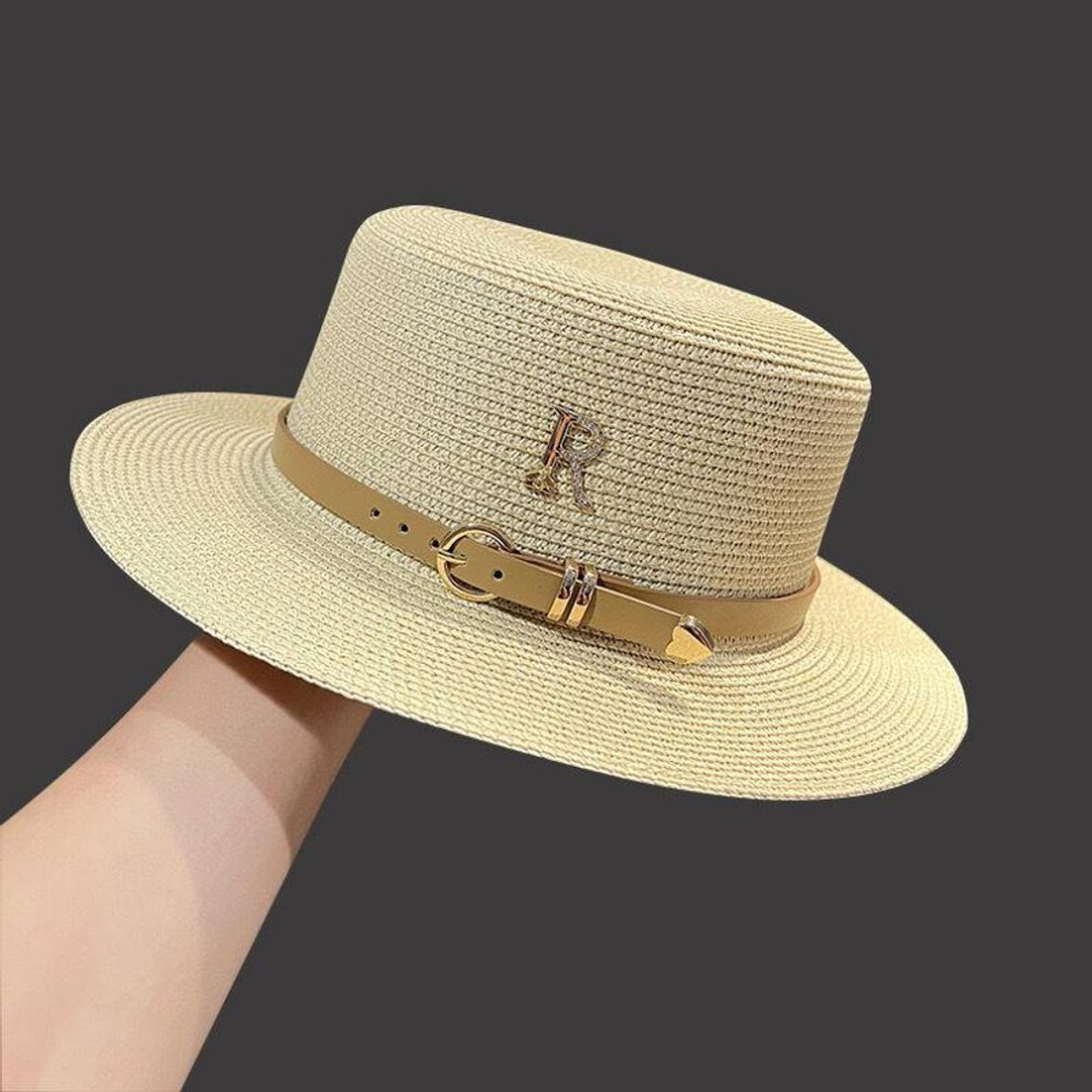 (beige, M (56-58cm)) Women&apos;s Rhinestone Letter R Belt Personalized Straw Hat for Summer Vacation by the Seaside. British Retro Flat Top Sun Hat.