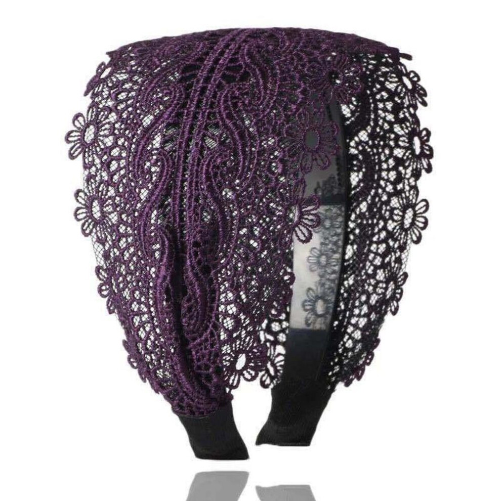 (purple) Women&apos;s Decorative Pattern Lace Wide Hair Band Girl&apos;s Fashion Stretchy Wide Lace Headband Turban Headwrap Bandanas
