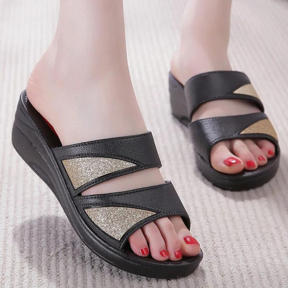 (black, 39) Women Slippers Casual Wedges Shoes Indoor and Outdoor Slippers  Ladies Comfortable Thick-soled Slippers Elegant Beach Sandals