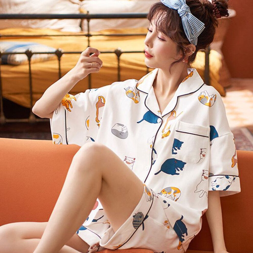 (as the picture, kitten cardigan L double short) Korean Style Women&apos;s Summer Cotton Pajama Set - Lazy Cardigan & Shorts, Plus Size Casual Home Clothes