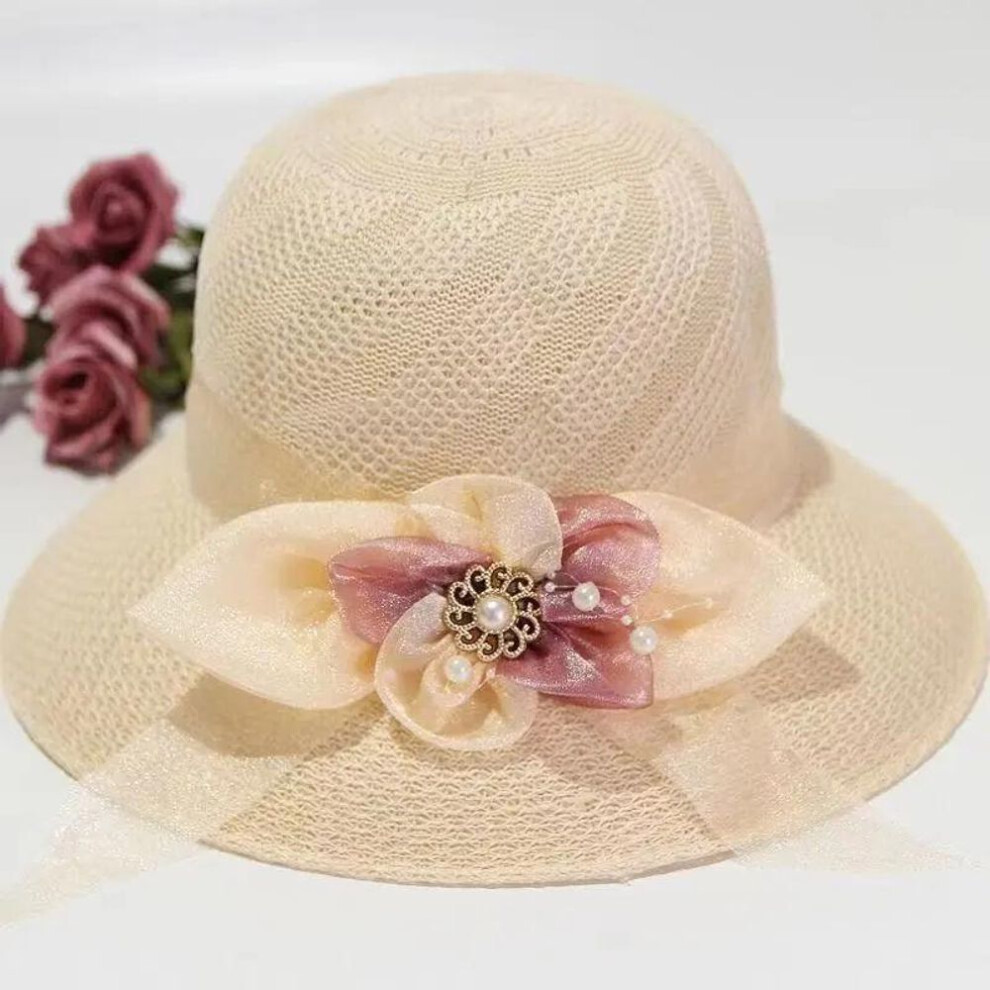 (beige, Onesize) Women&apos;s Sun Cap Summer Flower Ribbon Bow Straw Hat Sunscreen Hollow Out Beach Holiday Vacation Anti-uv Hat All-match Sun Hat