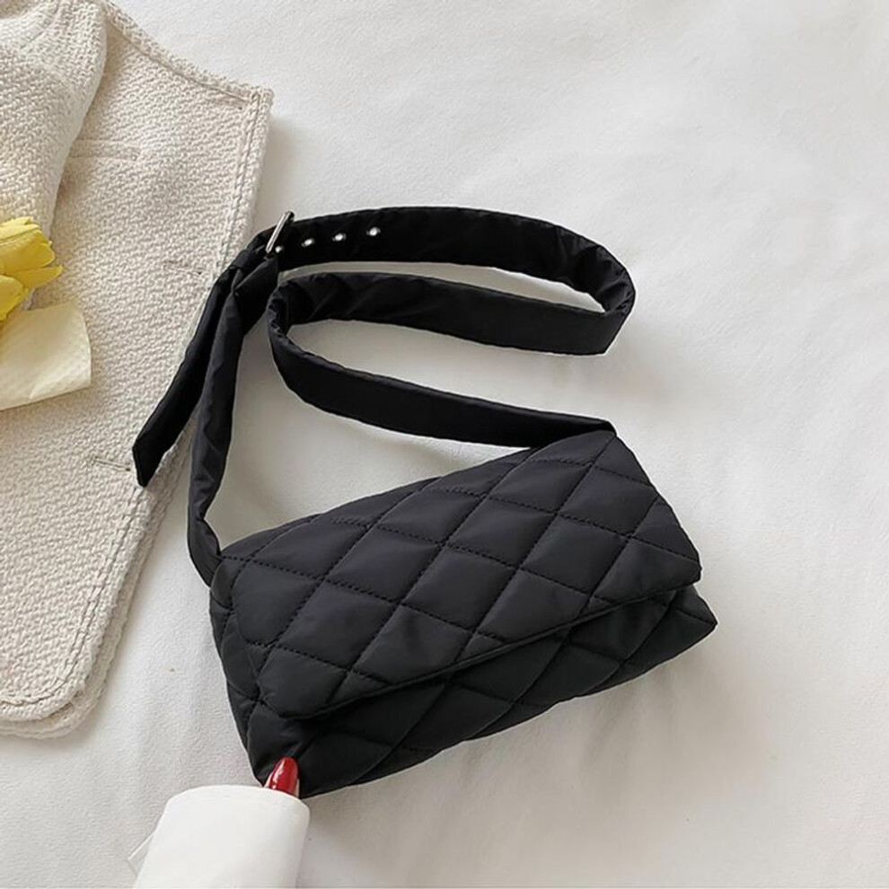 (black, 25x6x14cm) Rhombus Nylon Shoulder Bag Fashion Sapce Cotton Solid Color Flap Down Crossbody Bag