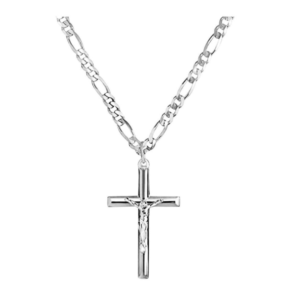 (silver, One Size) Men&apos;s 18k Yellow Gold Plated Crucifix Cross Necklace With 24in Curb Chain