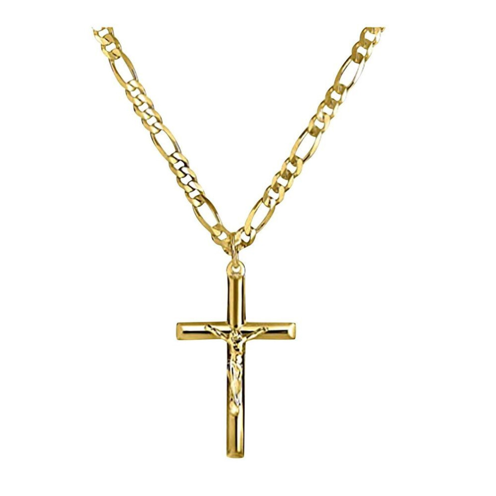 (gold, One Size) Men&apos;s 18k Yellow Gold Plated Crucifix Cross Necklace With 24in Curb Chain