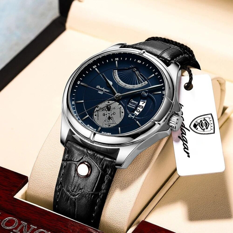 (silver,blue) Men Watch Fashion Top Luxury Sport Men&apos;s Wristwatch Waterproof Luminous Leather Date Quartz Watches Man Clock
