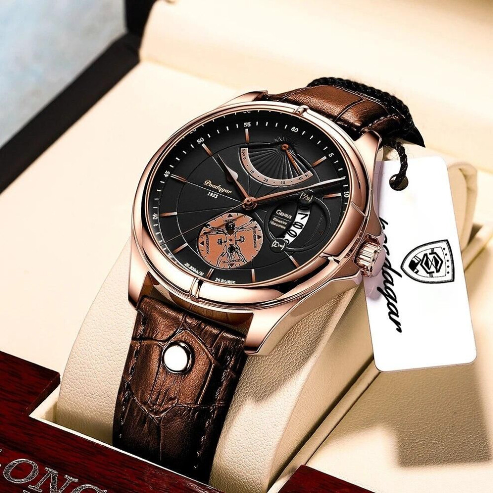 (brown) Men Watch Fashion Top Luxury Sport Men&apos;s Wristwatch Waterproof Luminous Leather Date Quartz Watches Man Clock