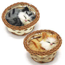 Coolayoung 2 stuks slapende kat in mand pop speelgoed mini kitten in geweven mand met miauwgeluiden decor voor bureau handspeelgoed cadeau voor kinde