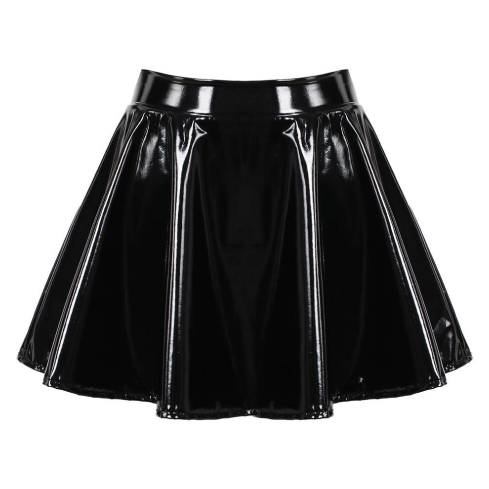 (black, M) Womens Glossy Patent Leather Flared Miniskirt Dance Performance A-Line Mini Skirts Clubwear Cosplay Costume