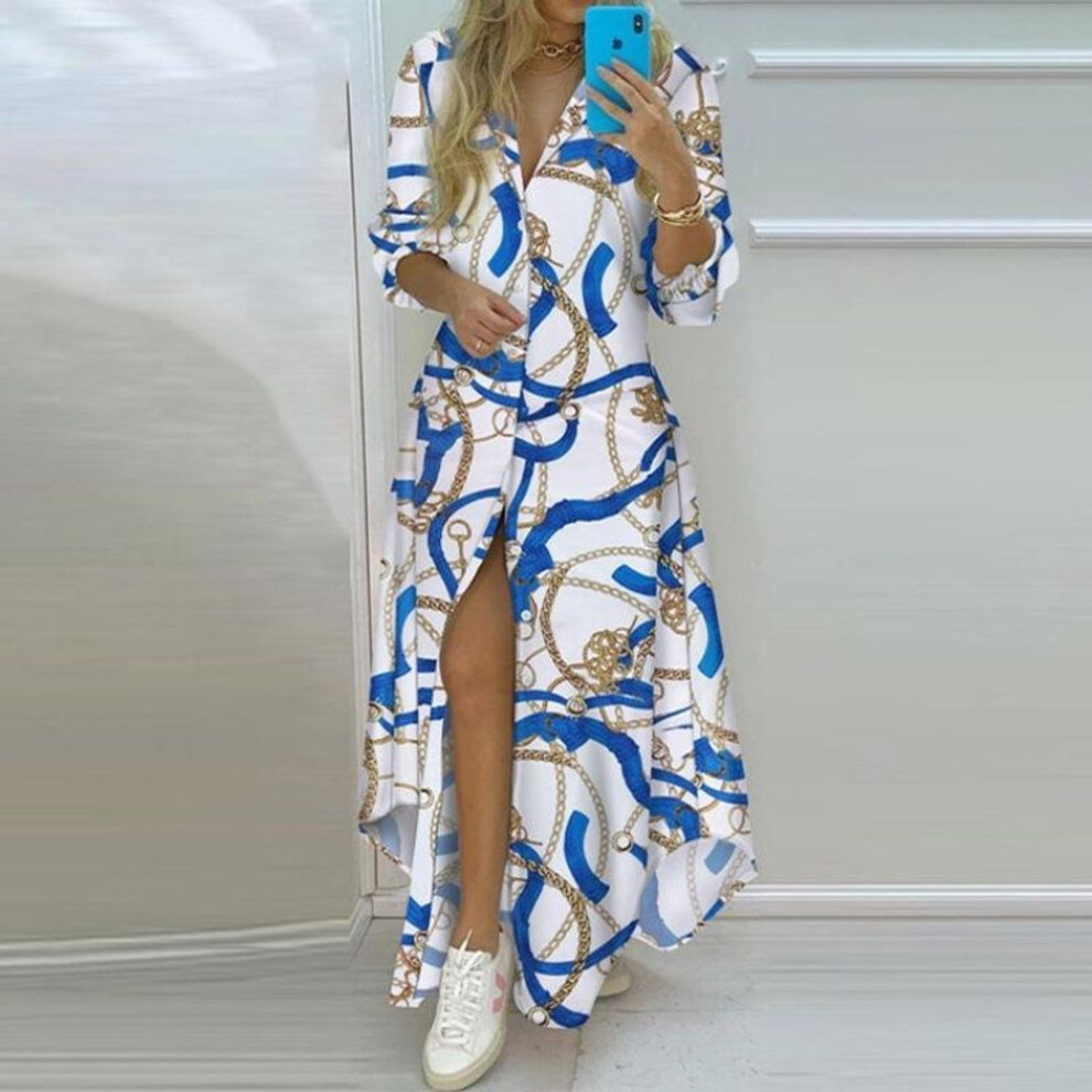 (blue, 2XL) 2022 Women Boho Shirt Dress Summer Turn-down Collar Single Breasted Button Lrregular Long Dress Female Sexy Letter Print Fashion Maxi Dresses