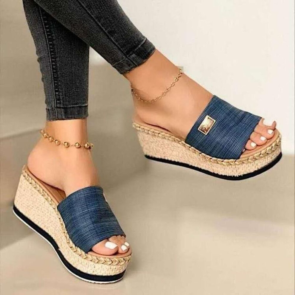 (blue, 40) Womens High Heels Sandal Thick Bottom Casual Shoes Ladies Leisure Summer Wedges Sandals Woman Shoes Women Platform Mules Slipper