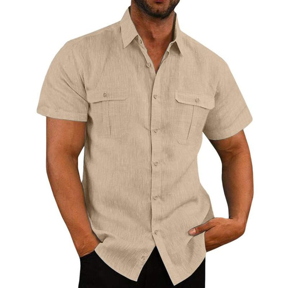 (apricot, L) Summer Cotton Linen Casual Shirts Men Short Sleeve Solid Color Turn Down Collar Shirt Mens Breathable Beach Style Blouse 5xl