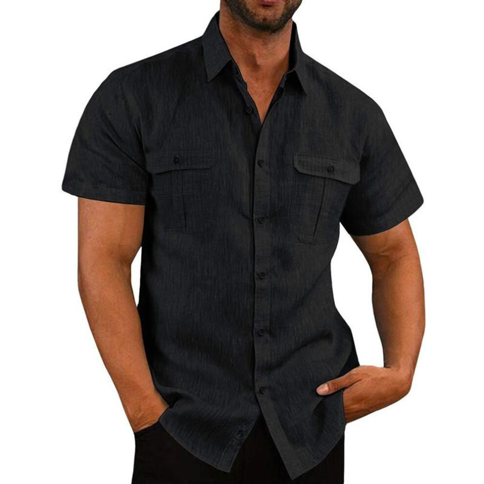 (black, M) Summer Cotton Linen Casual Shirts Men Short Sleeve Solid Color Turn Down Collar Shirt Mens Breathable Beach Style Blouse 5xl