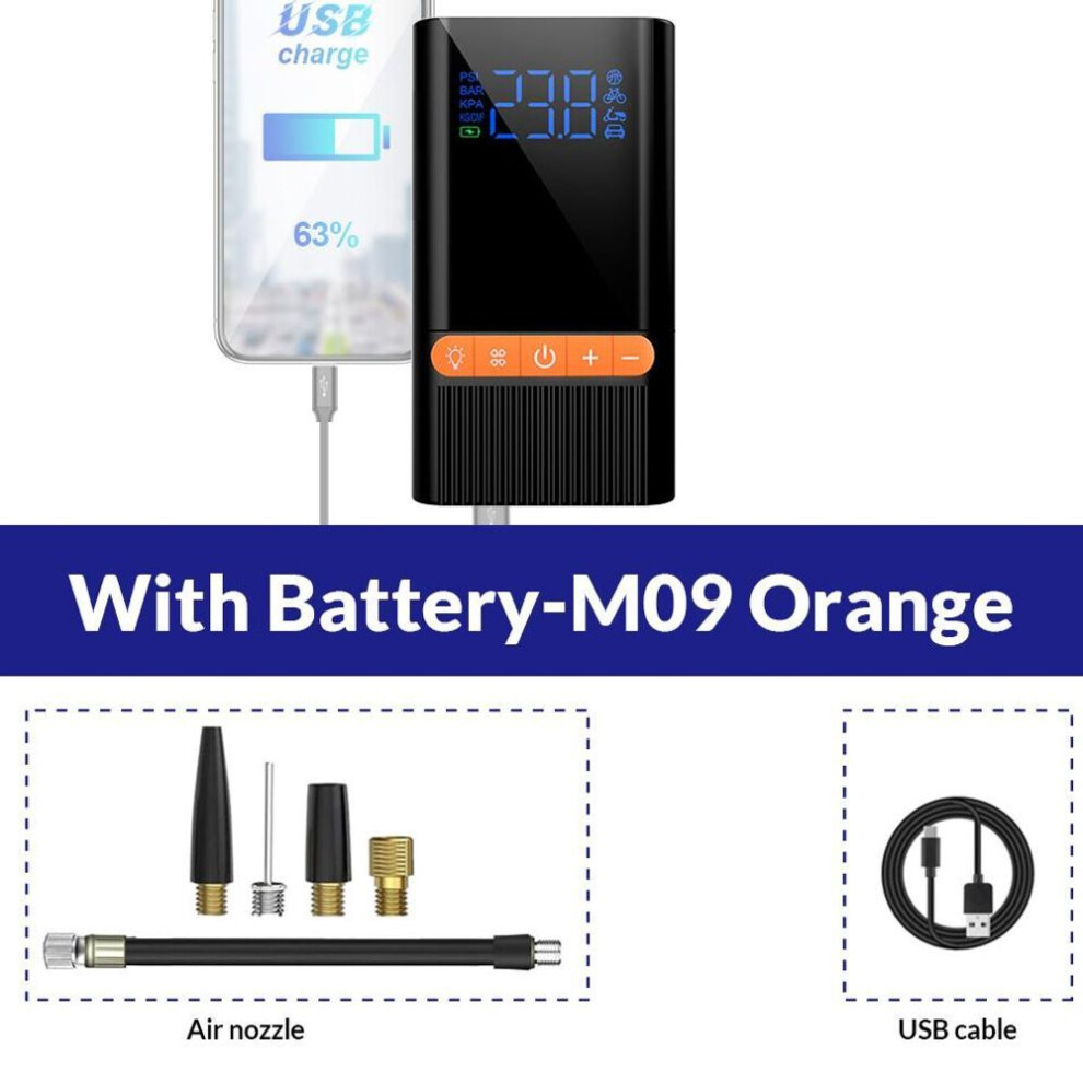 (M09O-With Battery) E-ace Air Pump Inflator Portable Electric Wireless Mini Air Compressor Digital For Bicycle Boat Motorcycle Auto Tyre Balls