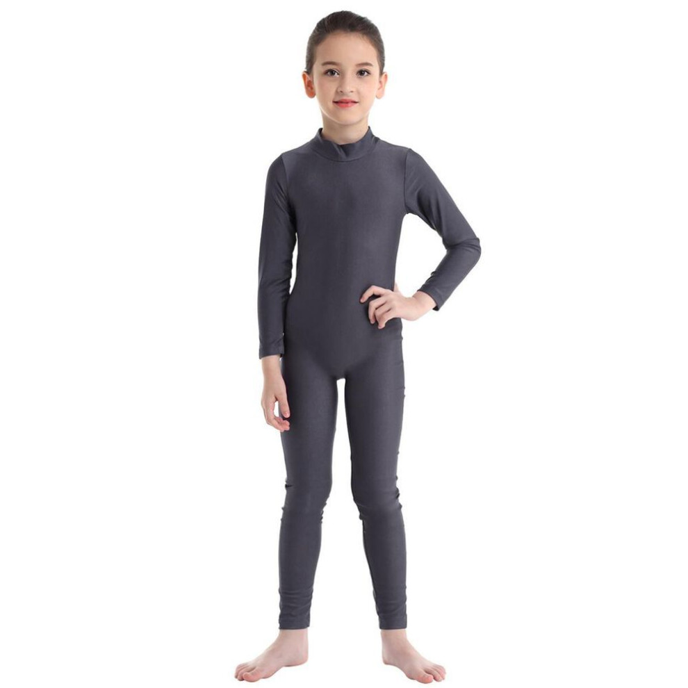 (dark gray, 5-6 Years) Kids Girls Long Sleeves Zippered Mock Neck Full Body Suit Ballet Dance Gymnastic Unitard Jumpsuit