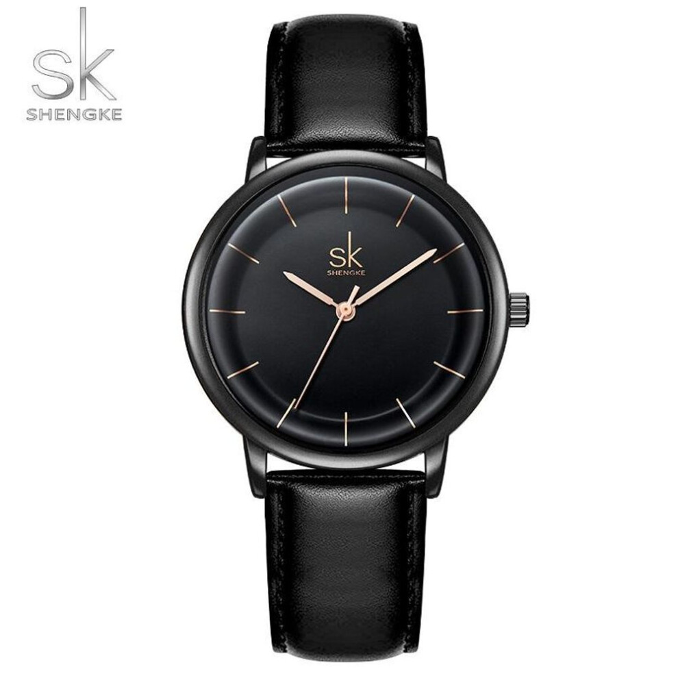 (black) Shengke Women Watches Simple Fashion Female Leather Quartz Wrist Watch Ladies Waterproof Clock Girl Gift