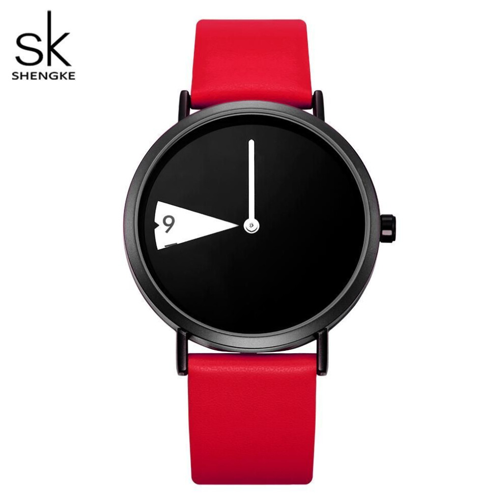(red) Shengke Hot Sales Creative Women&apos;s Quartz Wristwatches Ladies Watches Rotate Yellow Leather Band Clock Gifts For Friend