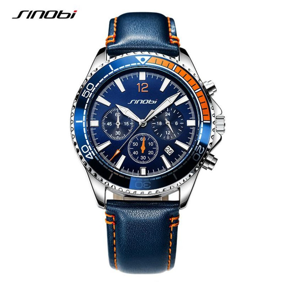 (blue) Sinobi Original New Design Men&apos;s Quartz Wristwatches Chronograph Man Leather Strap Watches Luminous Hands Males Clock Relojio