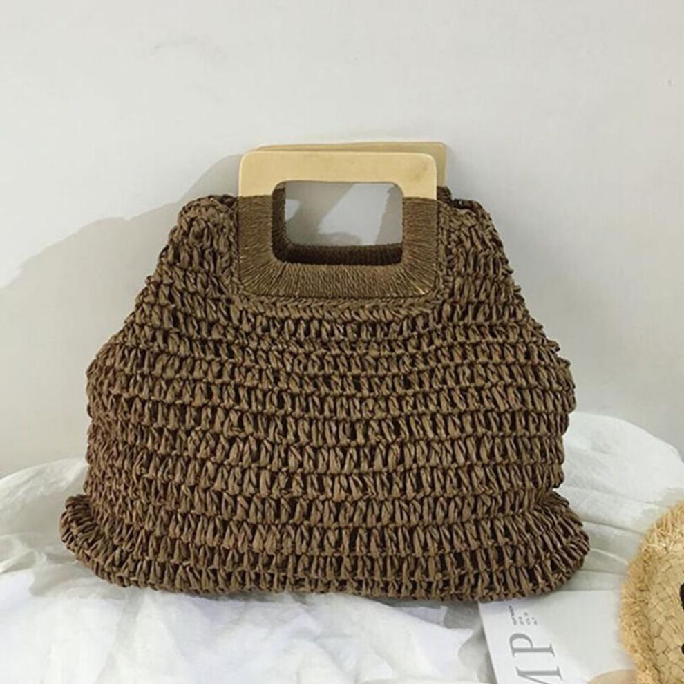 (deep,brown, 45*2*36cm) Straw Handbag Wooden Handle Large Capacity Paper Rope Woven Straw Bag New Fashion Summer Vacation Travel Beach Bag