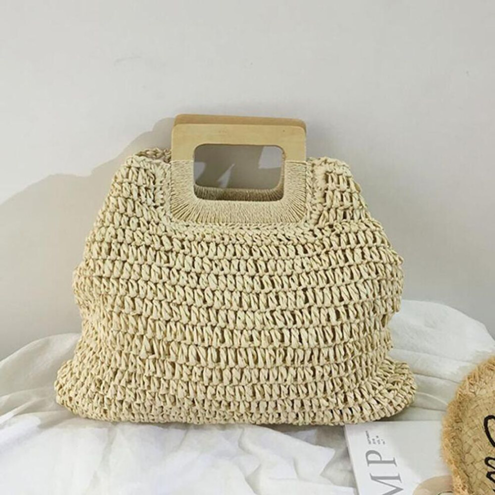 (beige, 45*2*36cm) Straw Handbag Wooden Handle Large Capacity Paper Rope Woven Straw Bag New Fashion Summer Vacation Travel Beach Bag