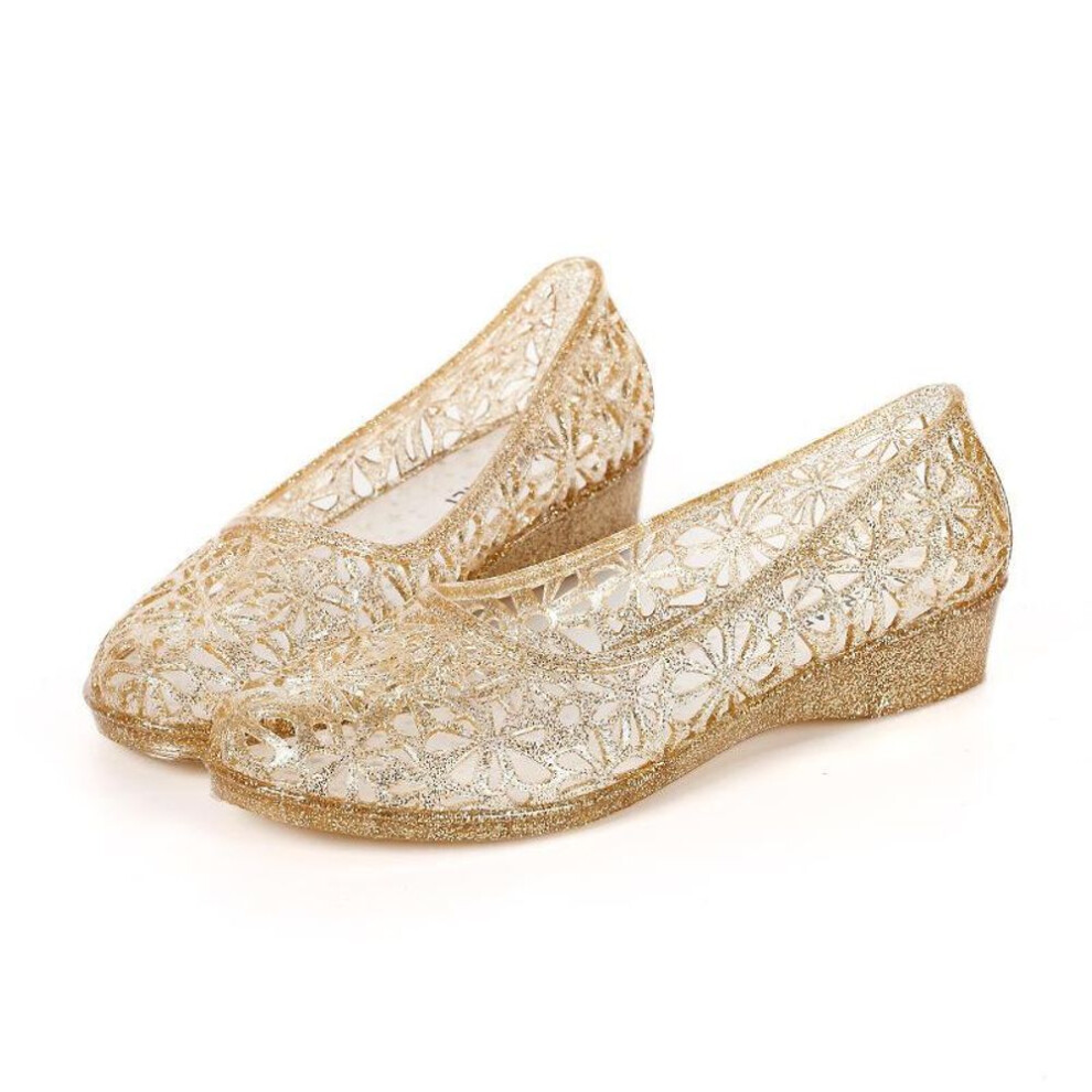 (gold, 37) Summer New Anti Slip Sandals Women's Crystal Jelly Plastic Flat Bottom Hole Hollow Bird's Nest Anti Odor and Waterproof Beach Shoes