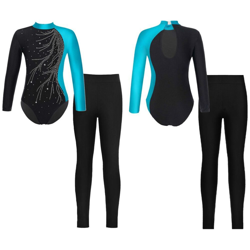 (green,black, 15-16 Years) Kids Girls Gymnastics Dance Outfit Two-piece Skating Dance Training Suit Stage Performance Costume