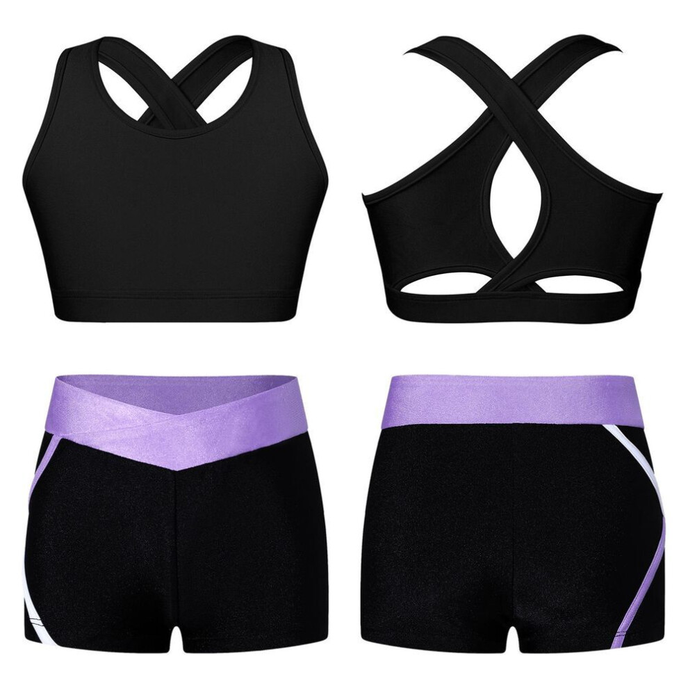 (black,lavender, 13-14 Years) Kids Girls 2 Piece Dance Sport Outfits Gymnastics Crop Top With Booty Shorts Tracksuit Swimsuit Clothing