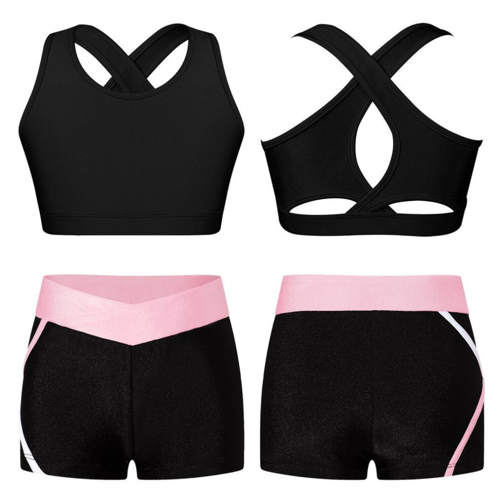 (black,pink, 13-14 Years) Kids Girls 2 Piece Dance Sport Outfits Gymnastics Crop Top With Booty Shorts Tracksuit Swimsuit Clothing