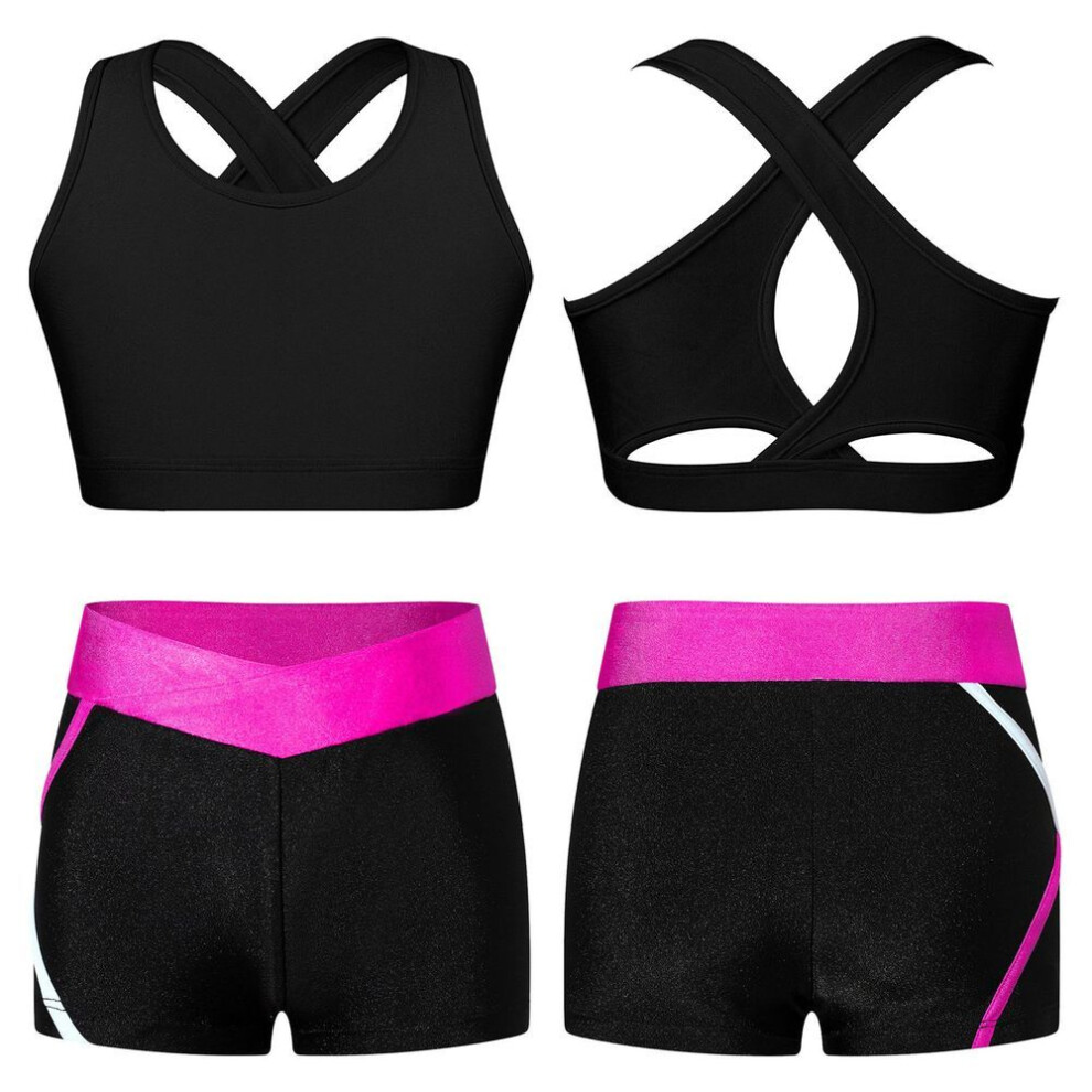 (black,rose, 13-14 Years) Kids Girls 2 Piece Dance Sport Outfits Gymnastics Crop Top with Booty Shorts Tracksuit Swimsuit Clothing