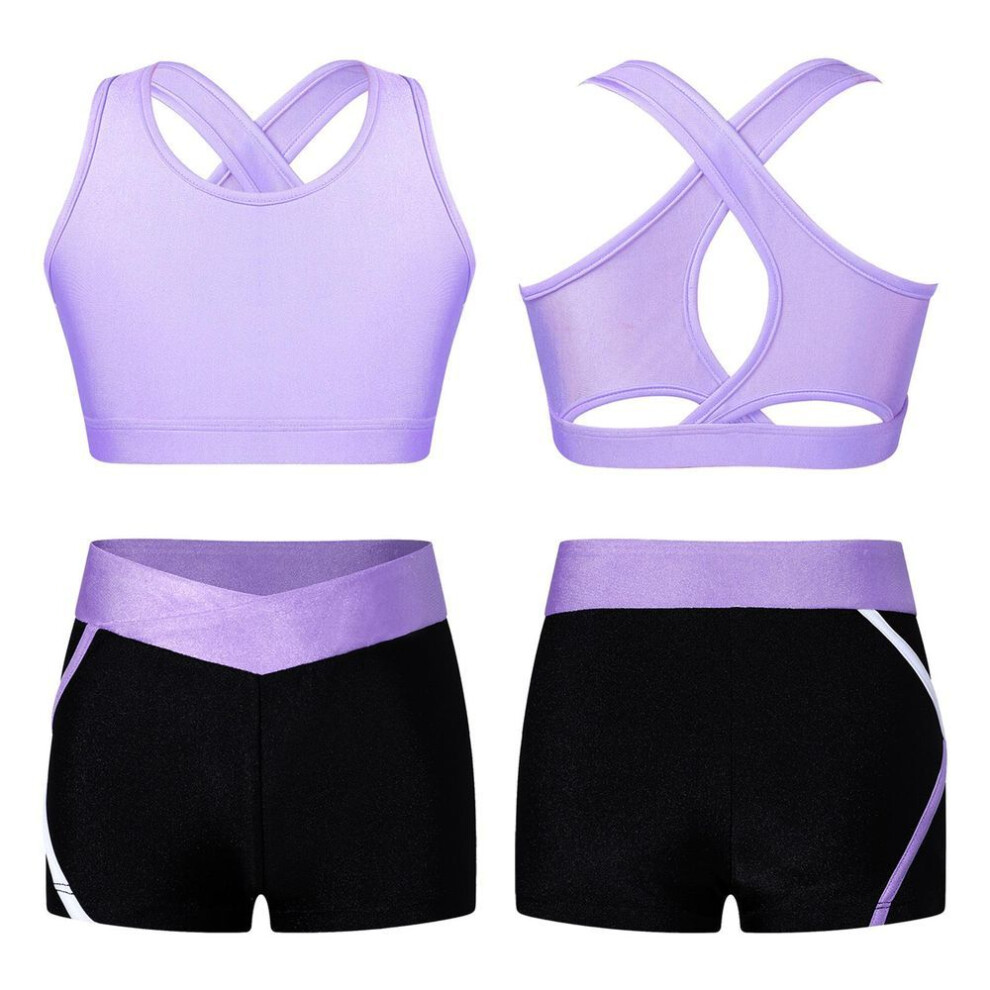 (lavender, 15-16 Years) Kids Girls 2 Piece Dance Sport Outfits Gymnastics Crop Top with Booty Shorts Tracksuit Swimsuit Clothing
