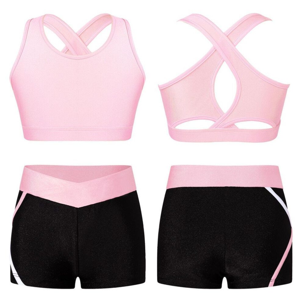(pink, 9-10 Years) Kids Girls 2 Piece Dance Sport Outfits Gymnastics Crop Top With Booty Shorts Tracksuit Swimsuit Clothing