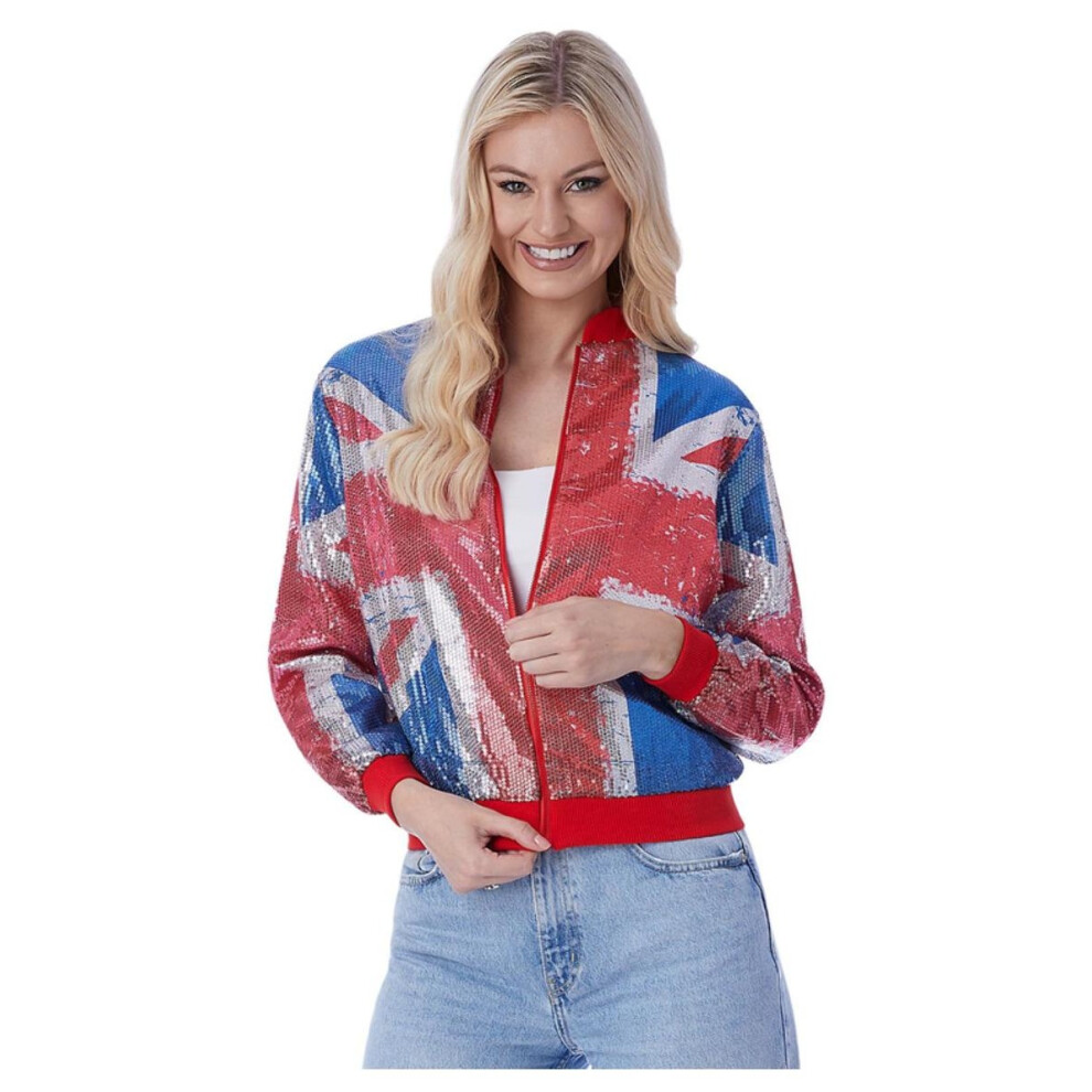 (S, Red/Blue/Silver) Smiffys Womens/Ladies Union Jack Sequins Bomber Jacket