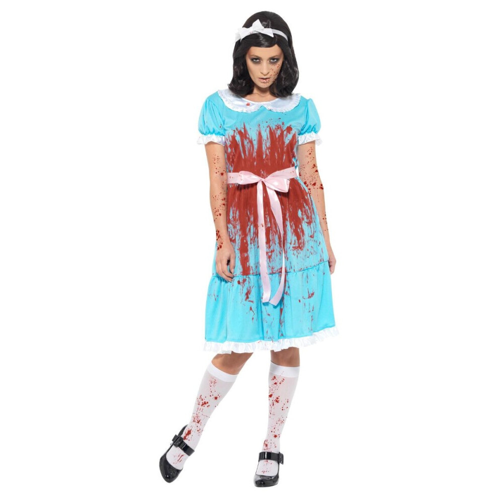 (L, Blue/Red/White) Smiffys Womens/Ladies Murderous Twin Bloody Costume Set