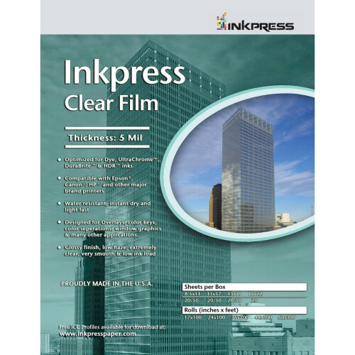 Inkpress Διαφανής Φιλμ 5 mil Πολυεστερικό Inkjet Φιλμ, 8.5x11", 20 Φύλλα