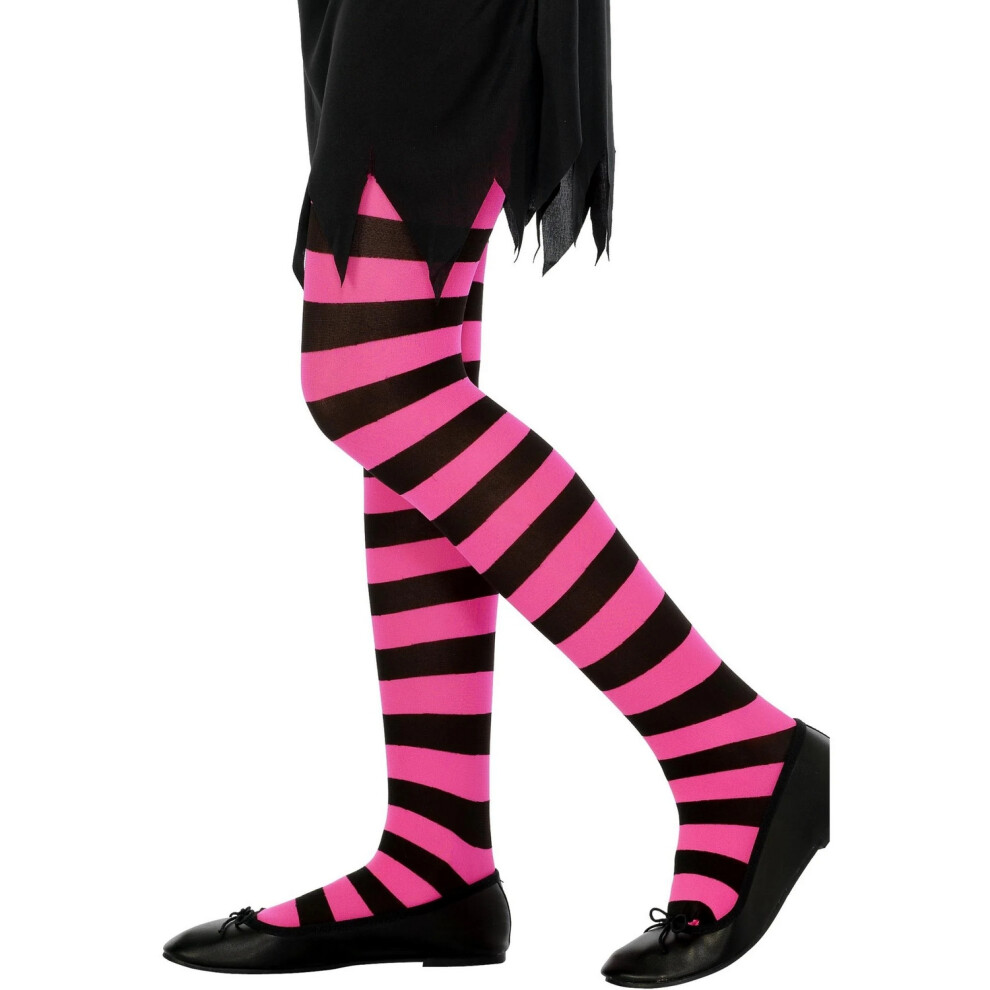 (6-12 Years, Black/Fuchsia) Smiffys Childrens/Kids Striped Tights