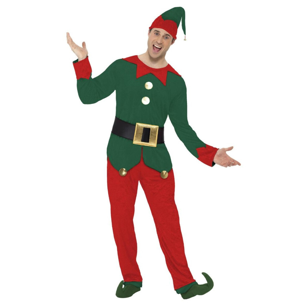 (M, Red/Green) Smiffys Mens Elf Christmas Costume Set